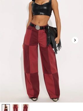 Wide-Leg Patchwork Pants - Red